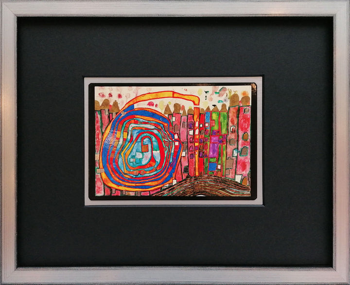 "Who has eaten all the windows" | Friedensreich Hundertwasser Miniprint mit Rahmen