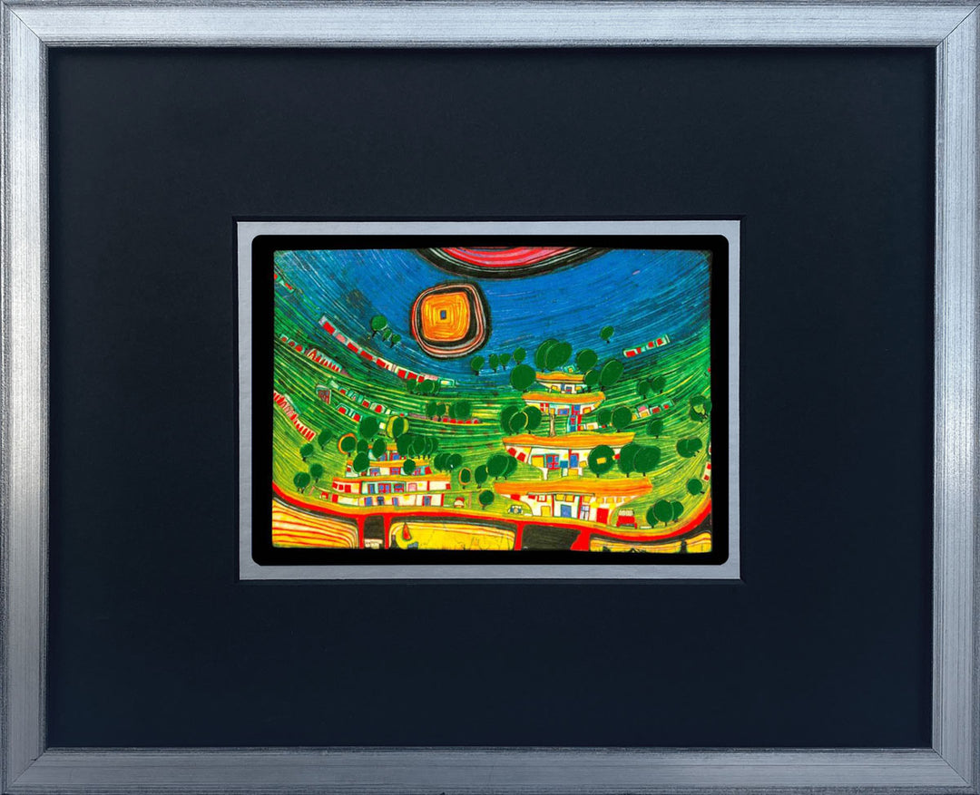 "Die Häuser hängen an der unterseite der Wiesen" | Friedensreich Hundertwasser Miniprint mit Rahmen