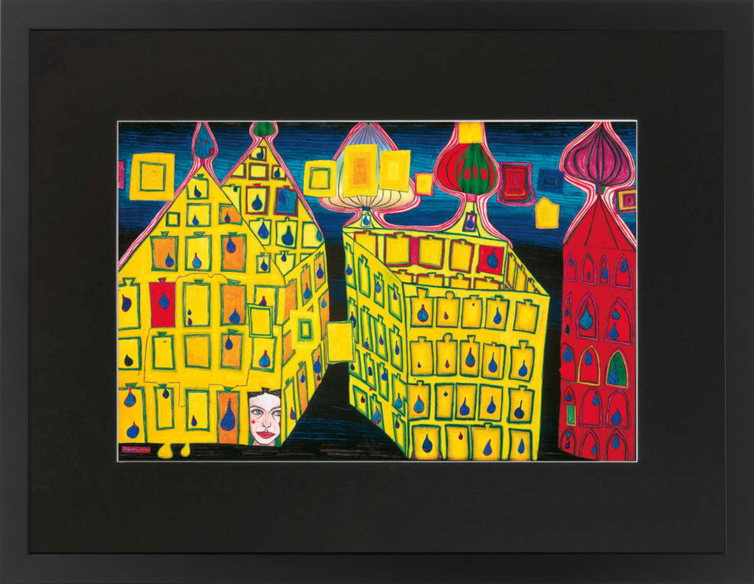 "Gelbe Häuser -mit der Liebe warten tut weh, wenn die Liebe woanders ist" | Friedensreich Hundertwasser mit Rahmen