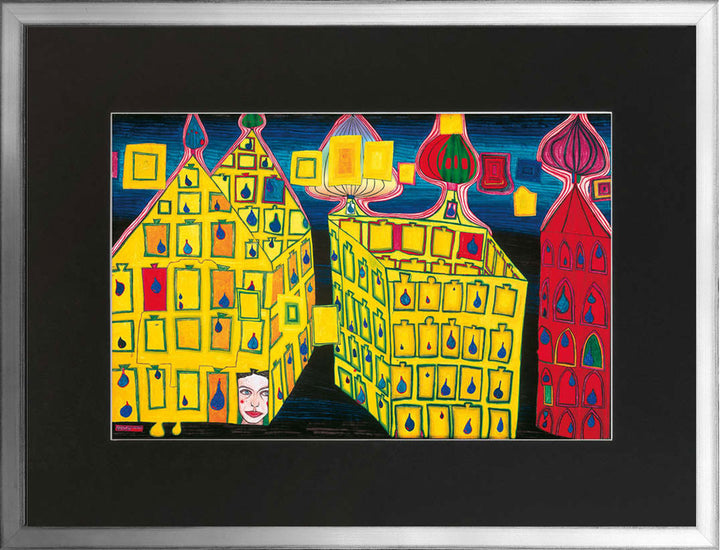 "Gelbe Häuser -mit der Liebe warten tut weh, wenn die Liebe woanders ist" | Friedensreich Hundertwasser mit Rahmen