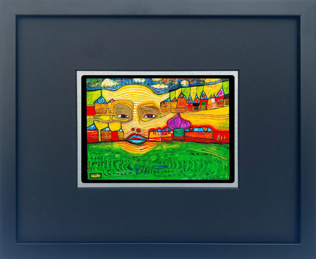 "Irinaland über dem Balkan" | Friedensreich Hundertwasser Miniprint mit Rahmen