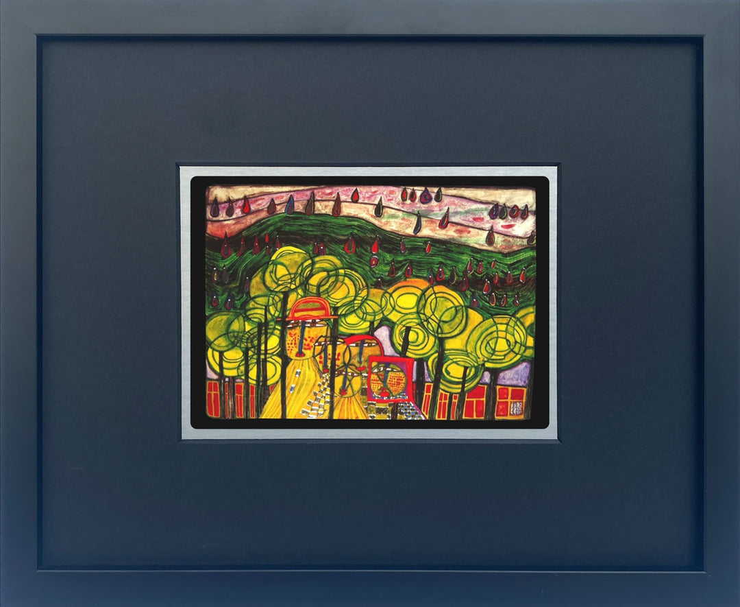 "The rain falls far from us " | Friedensreich Hundertwasser Miniprint mit Rahmen