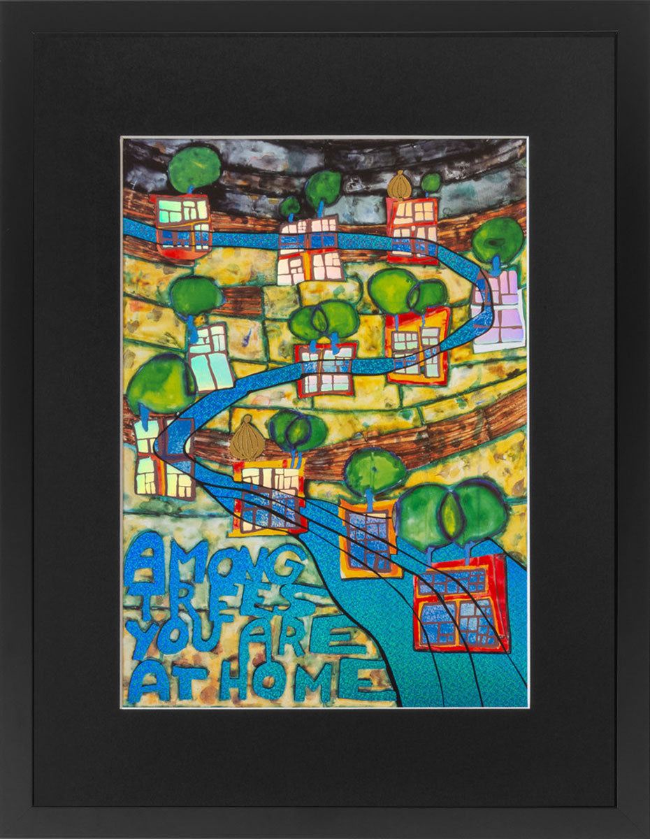 "Unter den Bäumen bist du Zuhause" | Friedensreich Hundertwasser Miniprint mit Rahmen