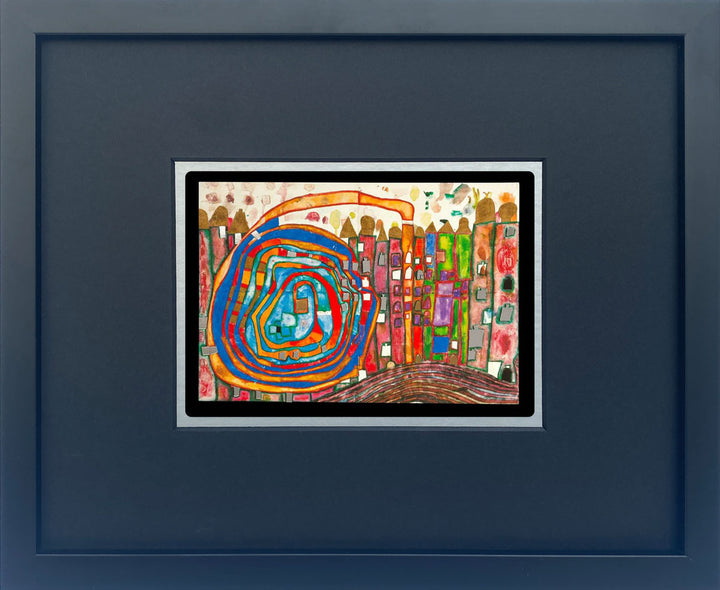 "Who has eaten all the windows" | Friedensreich Hundertwasser Miniprint mit Rahmen